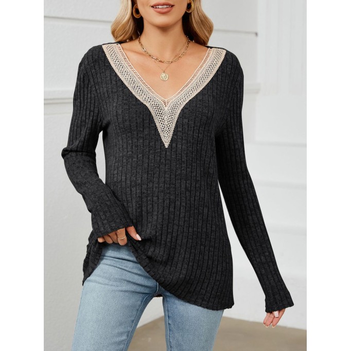 Solid pit stripe patchwork V-neck long sleeved loose fitting T-shirt