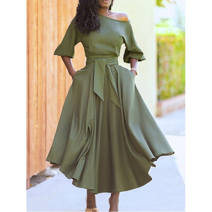 Solid Tie Pocket Long Sleeve Dress