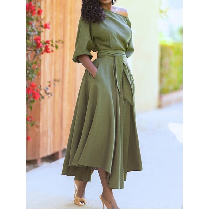 Solid Tie Pocket Long Sleeve Dress