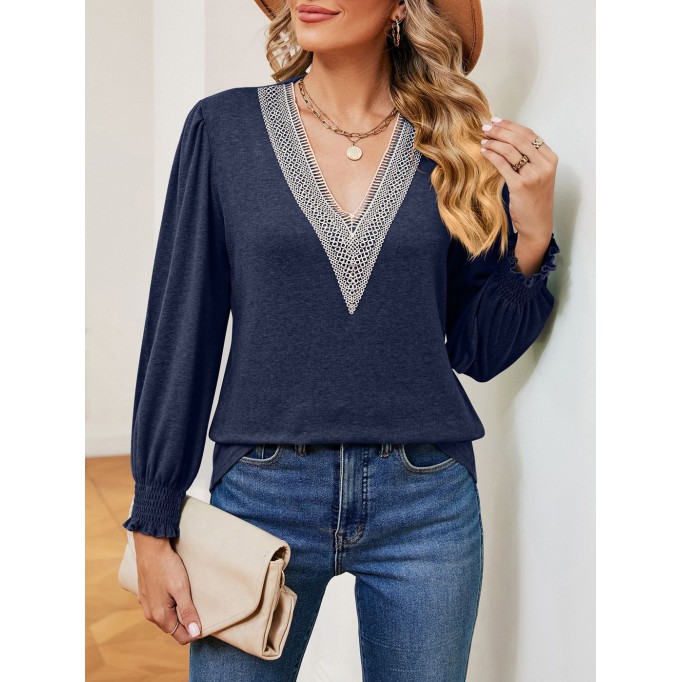 Solid V-neck gold lace patchwork loose fitting long sleeved T-shirt