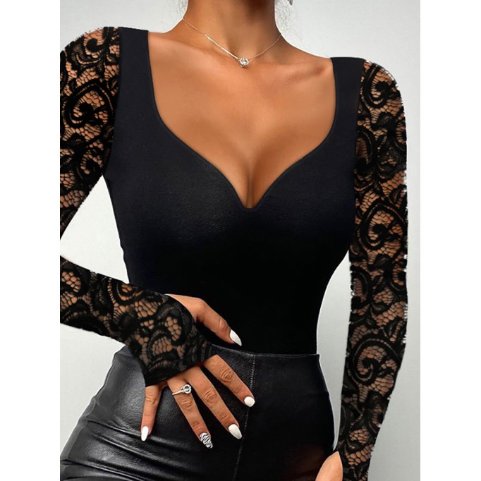 Spliced lace deep V-neck long sleeved T-shirt