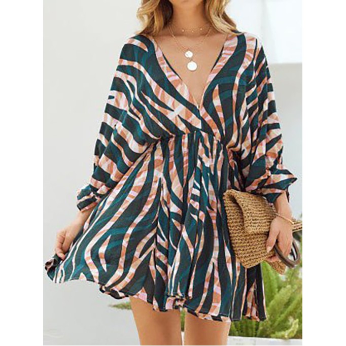 Stripe Print V-Neck Belted Long Sleeve Dress