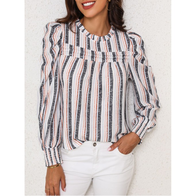 STRIPED SHIRRED ROUND NECK SHEATH CASUAL BOHO BLOUSE