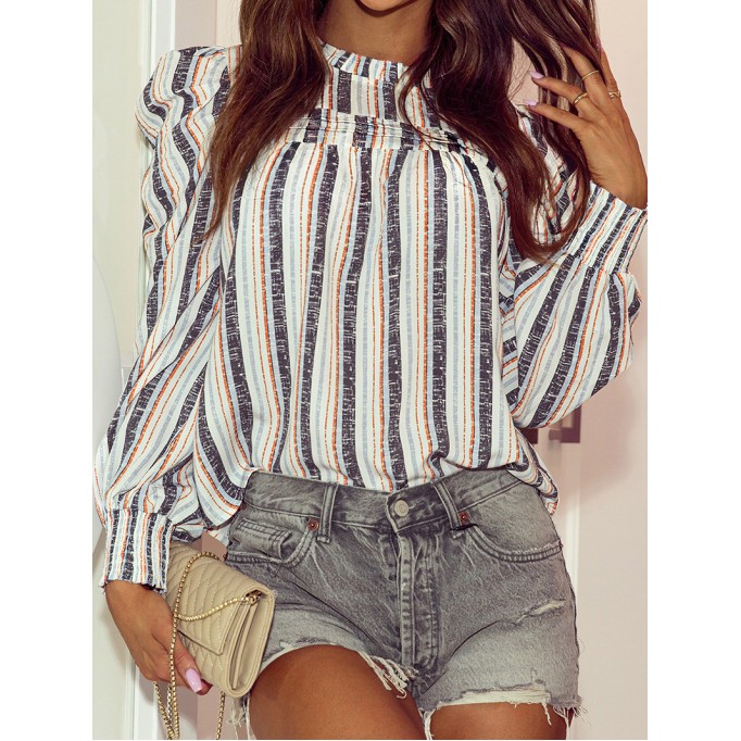 STRIPED SHIRRED ROUND NECK SHEATH CASUAL BOHO BLOUSE