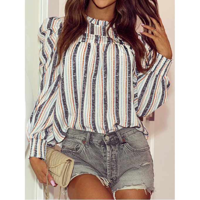 STRIPED SHIRRED ROUND NECK SHEATH CASUAL BOHO BLOUSE