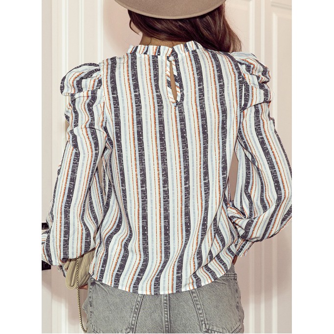 STRIPED SHIRRED ROUND NECK SHEATH CASUAL BOHO BLOUSE