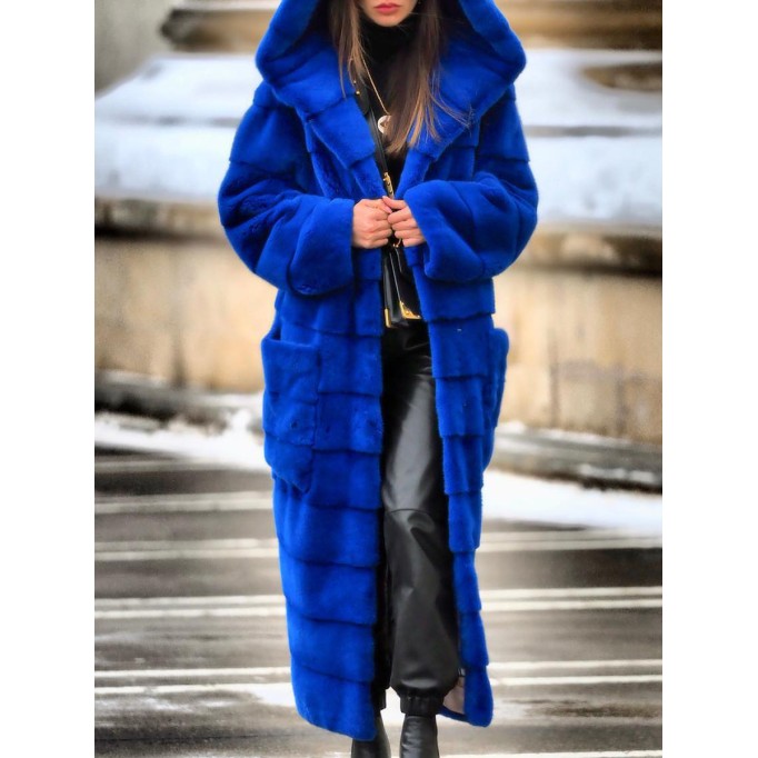 Stylish solid color faux fur long coat