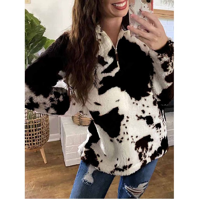 Stylish zipper plush cow print sweatshirt