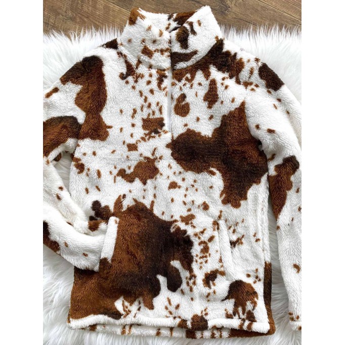 Stylish zipper plush cow print sweatshirt