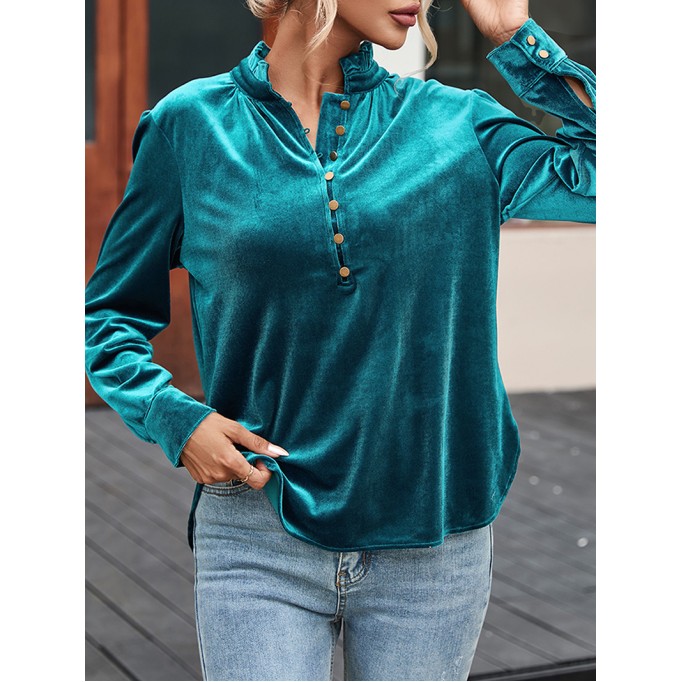 Suede metal button collar casual top