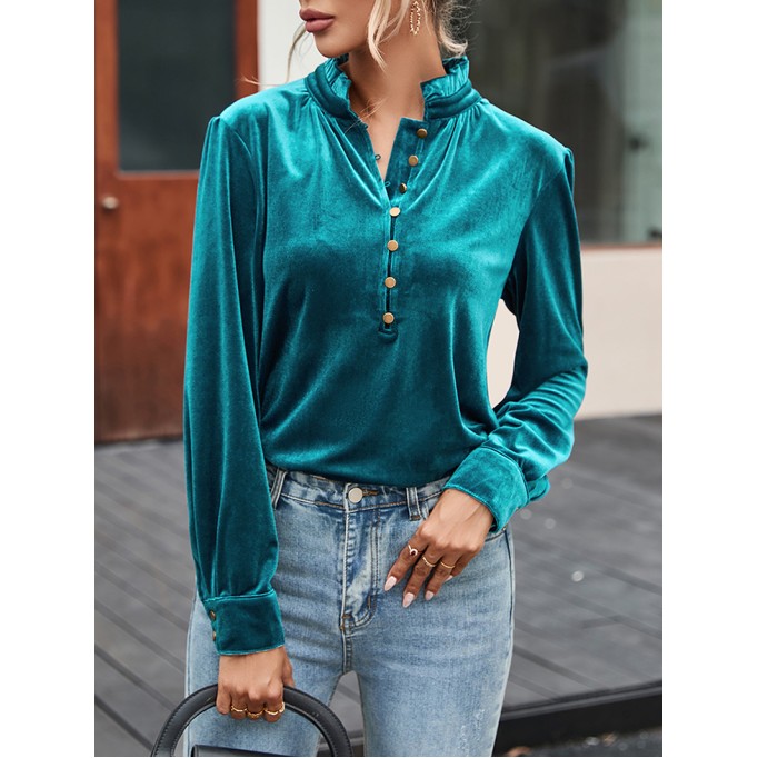 Suede metal button collar casual top