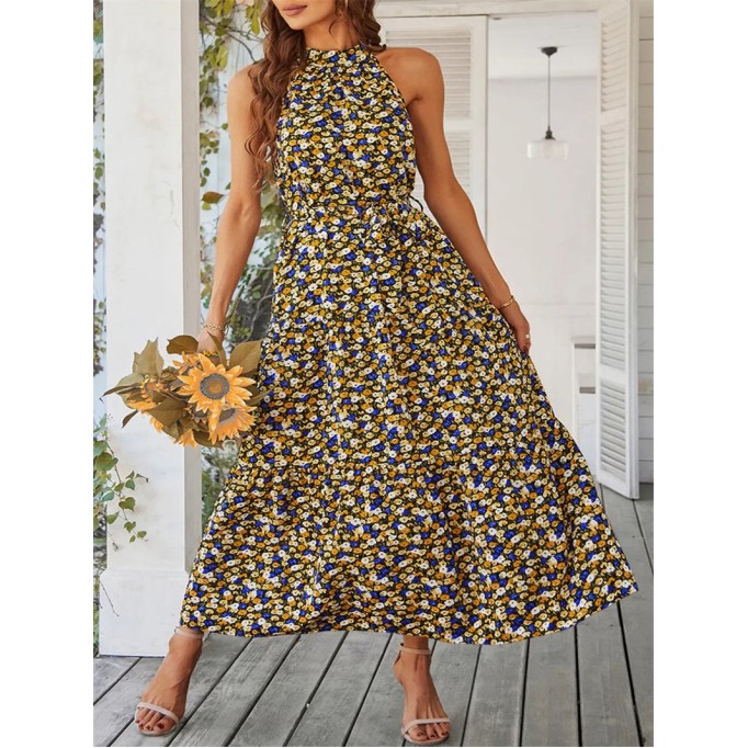 Summer Bohemian Floral Flowering Ruffle Edge Open Collar Sleeveless Long Dress