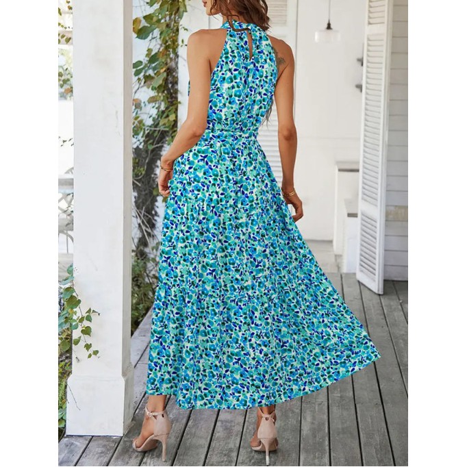 Summer Bohemian Floral Flowering Ruffle Edge Open Collar Sleeveless Long Dress