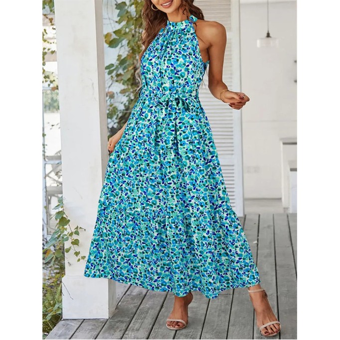 Summer Bohemian Floral Flowering Ruffle Edge Open Collar Sleeveless Long Dress