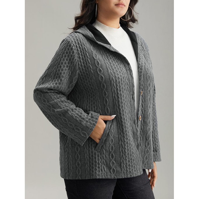 The gray textured jacket has pockets