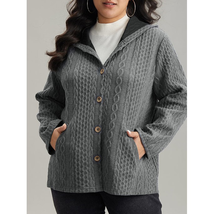 The gray textured jacket has pockets