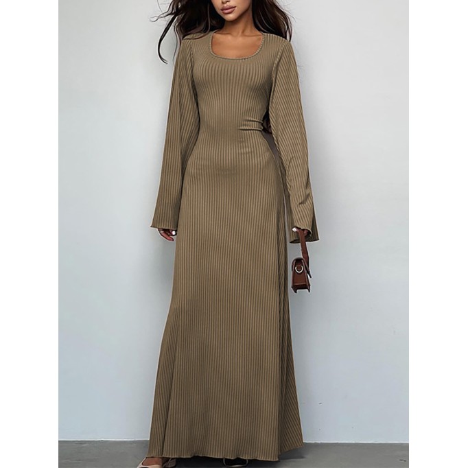 Tie-back flared long-sleeved high-waist ribbed maxi skirt