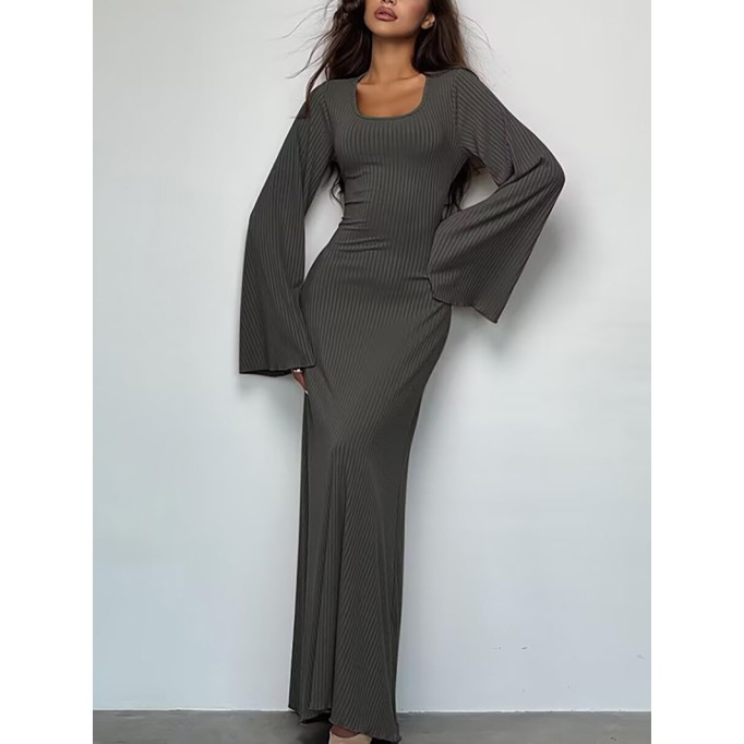 Tie-back flared long-sleeved high-waist ribbed maxi skirt