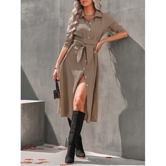 Tie Waist Long Sleeve Midi Shirt Dress