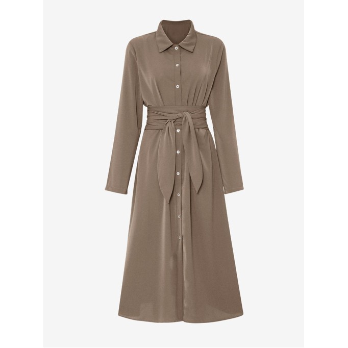 Tie Waist Long Sleeve Midi Shirt Dress