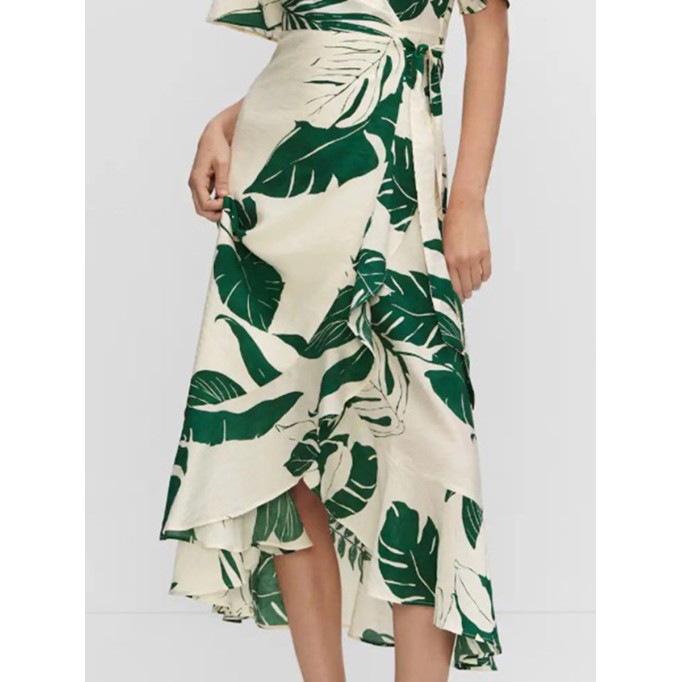 V-neck cross wrap print dress long skirt