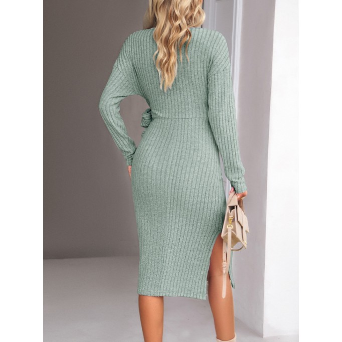 V-neck long-sleeved knitted strappy dress