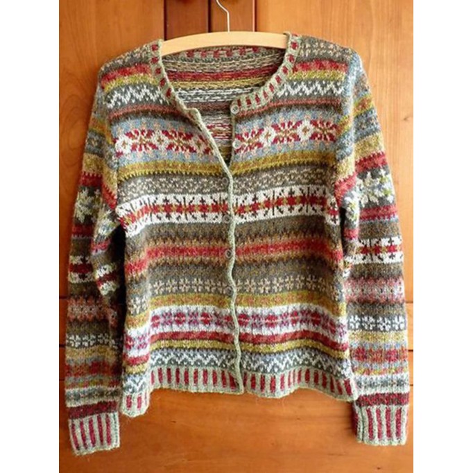 Vintage Tribal Geometry Rainbow Button Comfy Sweater