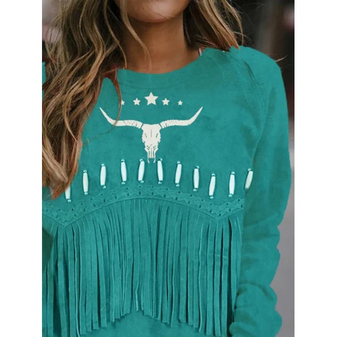 Vintage Western Fringe & Bull Skull Art Sweatshirt