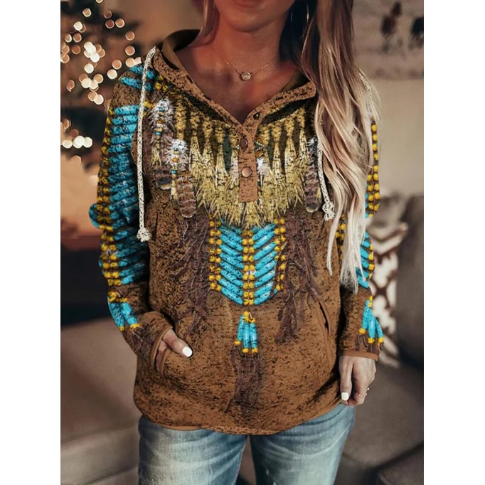 Vintage Western Print Long Sleeve Casual Hoodie