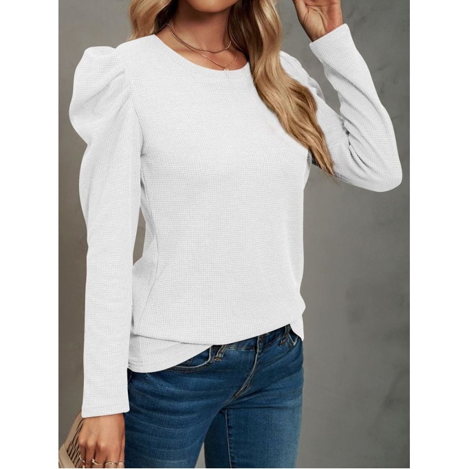 Waffle-Knit Puff Sleeve Round Neck Top