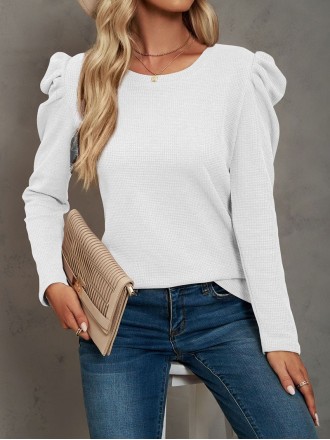 Waffle-Knit Puff Sleeve Round Neck Top