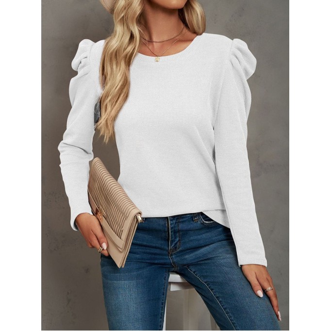 Waffle-Knit Puff Sleeve Round Neck Top