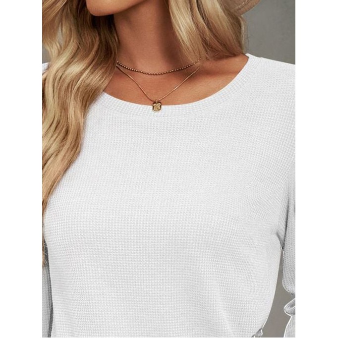 Waffle-Knit Puff Sleeve Round Neck Top