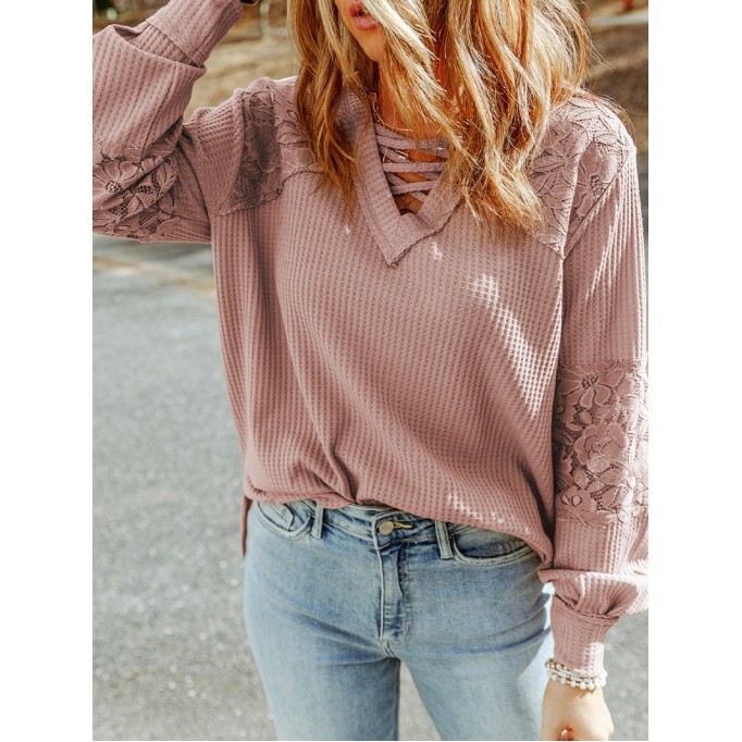 Waffle plaid lace up V-neck long sleeved top