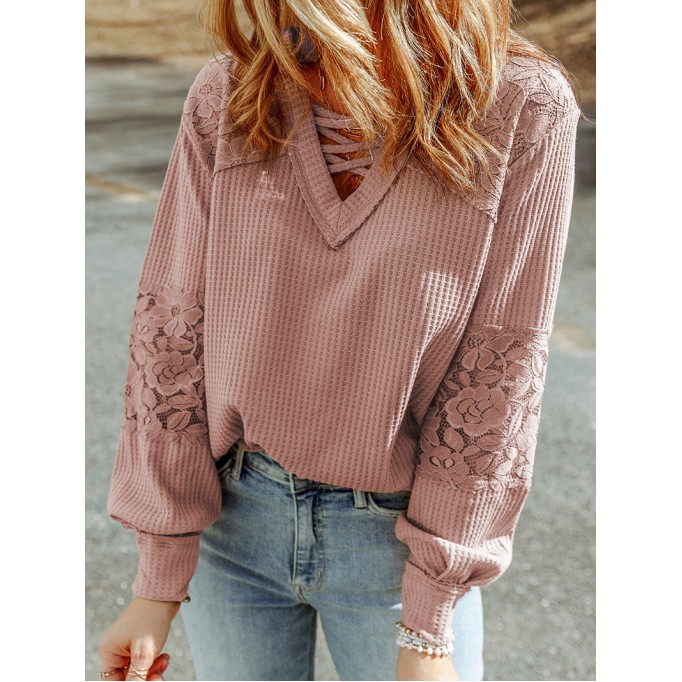 Waffle plaid lace up V-neck long sleeved top