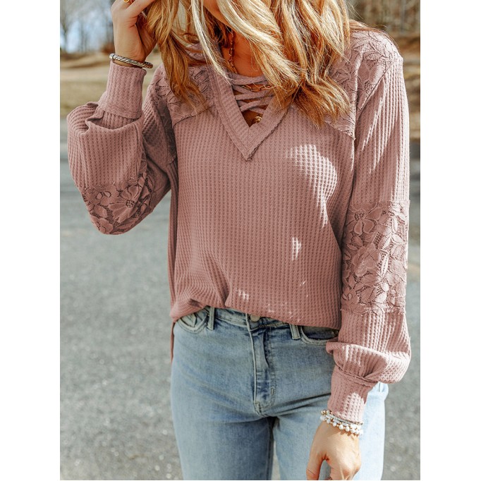 Waffle plaid lace up V-neck long sleeved top