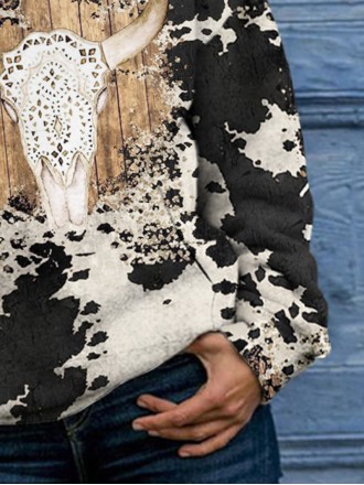 Western contrast cow print long sleeve hoodie