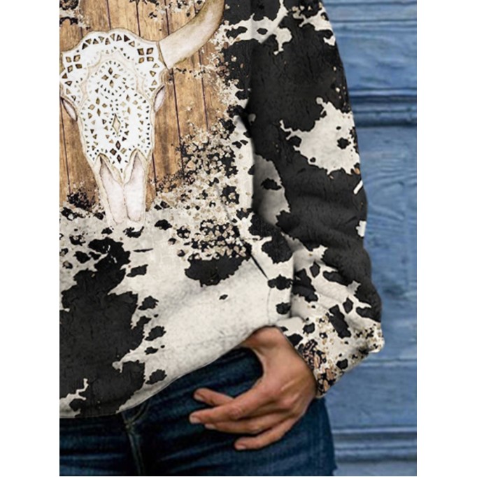 Western contrast cow print long sleeve hoodie