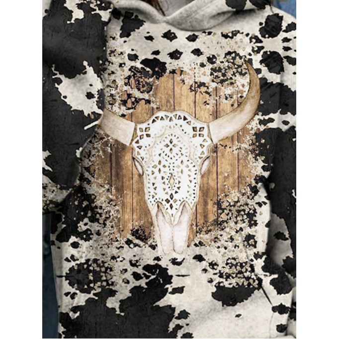 Western contrast cow print long sleeve hoodie