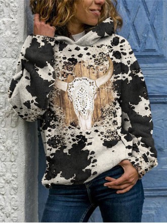 Western contrast cow print long sleeve hoodie