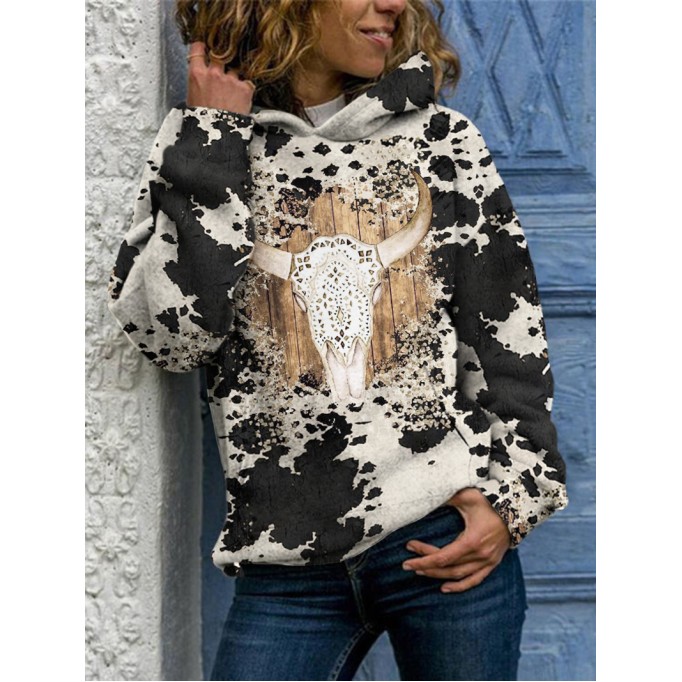 Western contrast cow print long sleeve hoodie