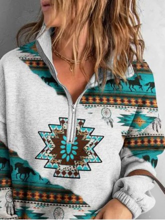 Western contrast print zipper sweatshirt