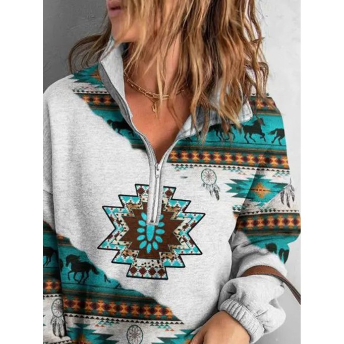 Western contrast print zipper sweatshirt