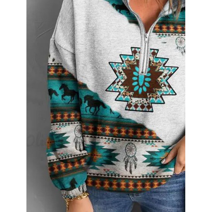 Western contrast print zipper sweatshirt