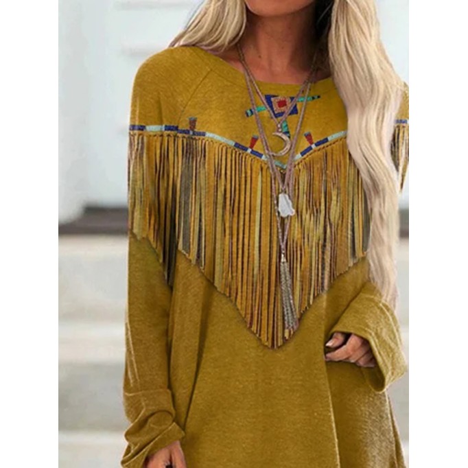 Western Fringe Print Long Sleeve Tunic