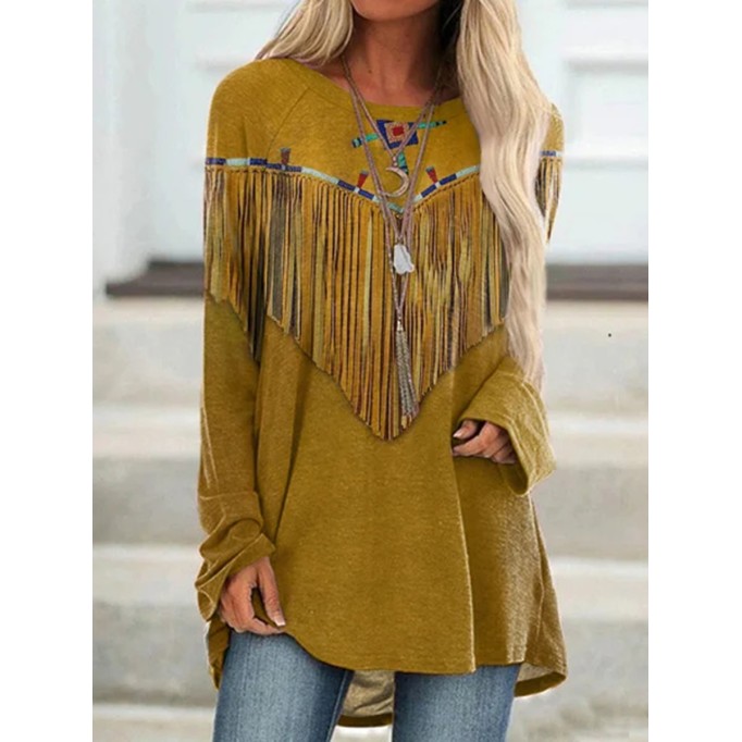 Western Fringe Print Long Sleeve Tunic