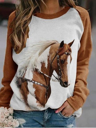 Western Horse Print Panel Crewneck Sweatshirt