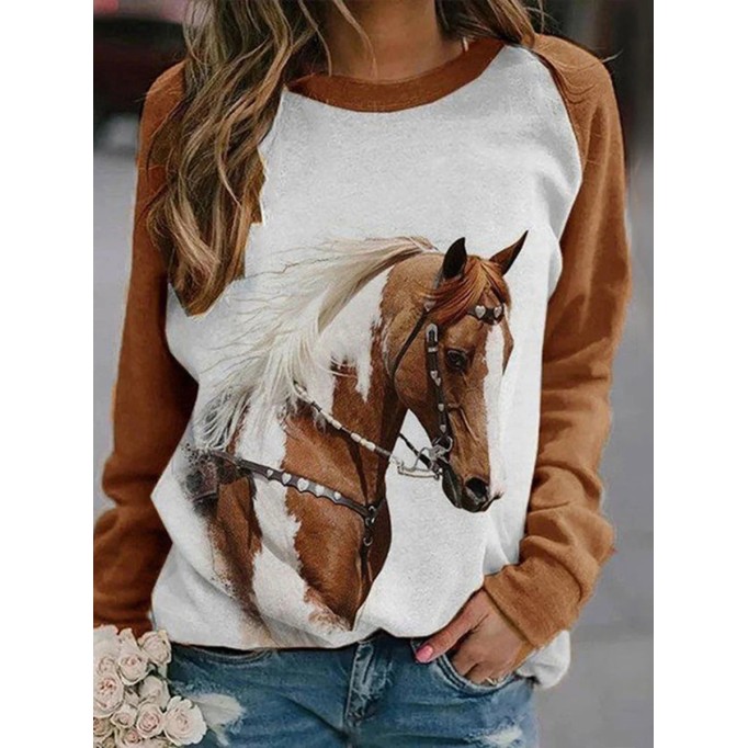 Western Horse Print Panel Crewneck Sweatshirt