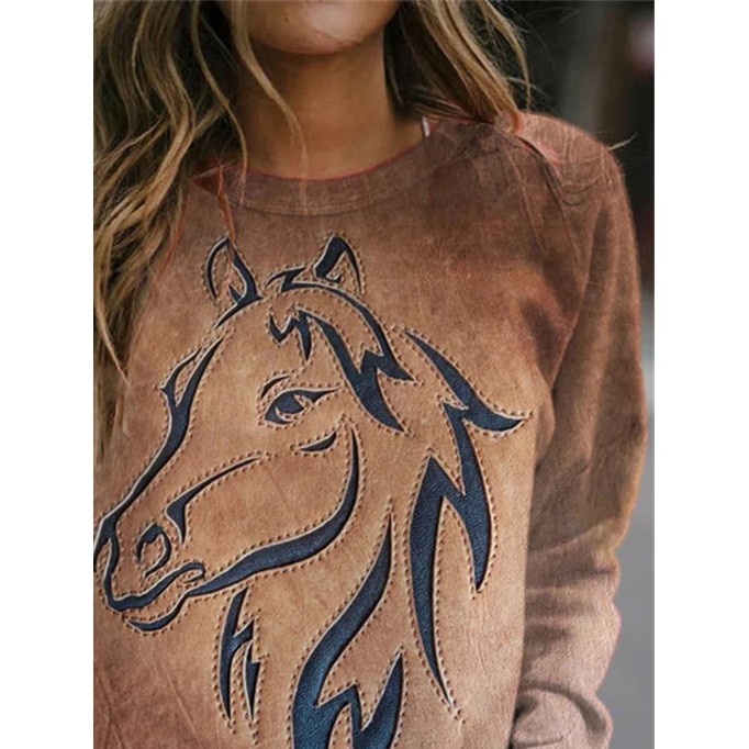 Western Horse Print Panel Crewneck Sweatshirt