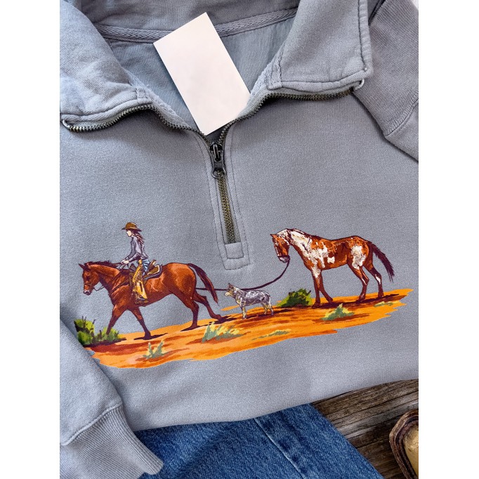 Western horse print zipper sweatshirt